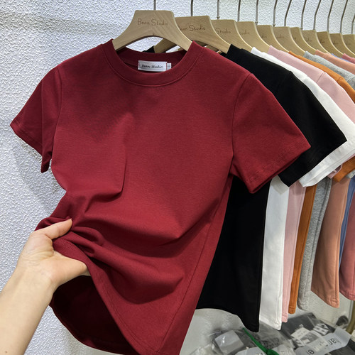 短袖简约百搭小圆领纯棉女修身
