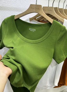 短袖简约百搭大圆领螺纹棉女修身