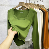 纯色修身 洋气内搭打底衫 上衣 T恤女2026春新款 欧货方领露锁骨长袖