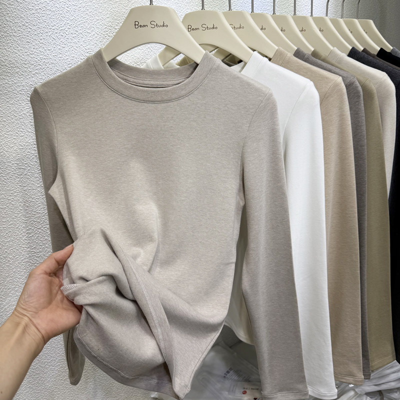 2025秋冬新磨毛薄绒柔软内搭小圆领打底衫女羊绒长袖T恤保暖上衣