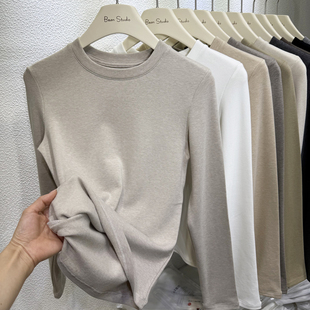 2025秋冬新磨毛薄绒柔软内搭小圆领打底衫 T恤保暖上衣 女羊绒长袖