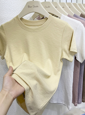 2026新款夏韩系女装小圆领短袖T恤女修身正肩轻薄柔软竹节棉上衣