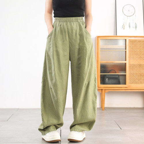 极简复古亚麻弯刀裤夏显瘦休闲裤