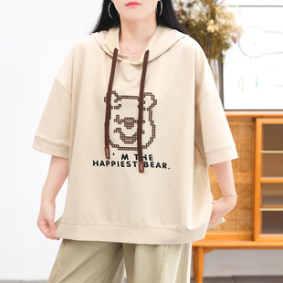 套头上衣2026夏装 烫画小熊重磅棉质T女减龄连帽五分袖 柯式 3.26新
