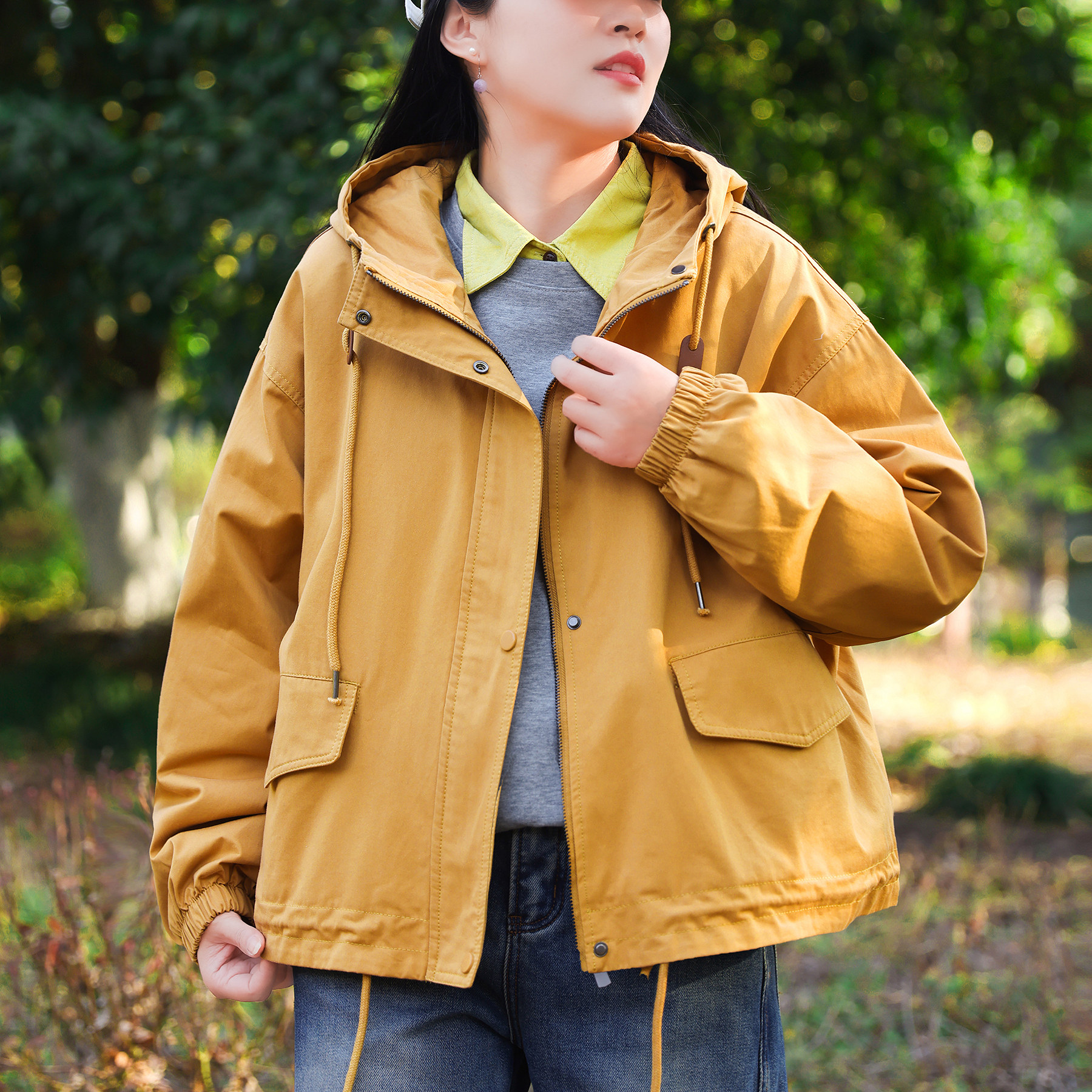 20新 全棉工装连帽短外套女 春秋遮肉小个子显瘦宽松休闲夹克上衣,女装/女士精品,短外套,淘宝优惠券,粉丝福利购,淘宝优惠卷