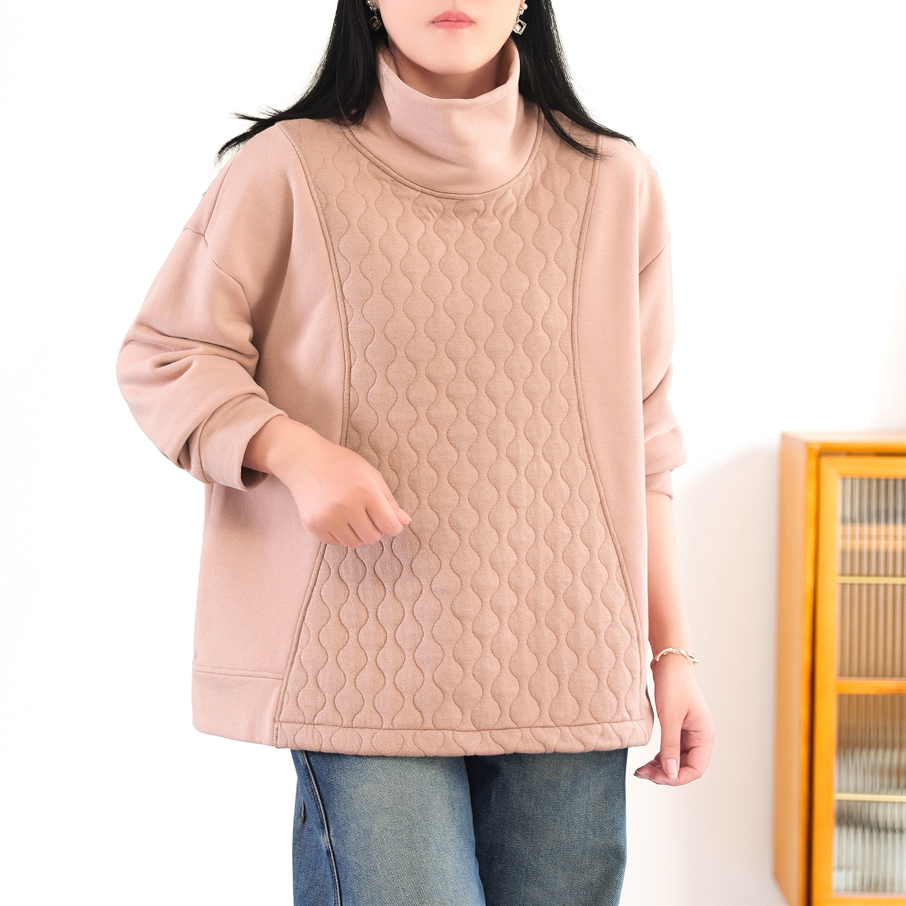 绿素棉高领卫衣女摇粒绒加厚中长套头宽松大码拼接复古冬装外套