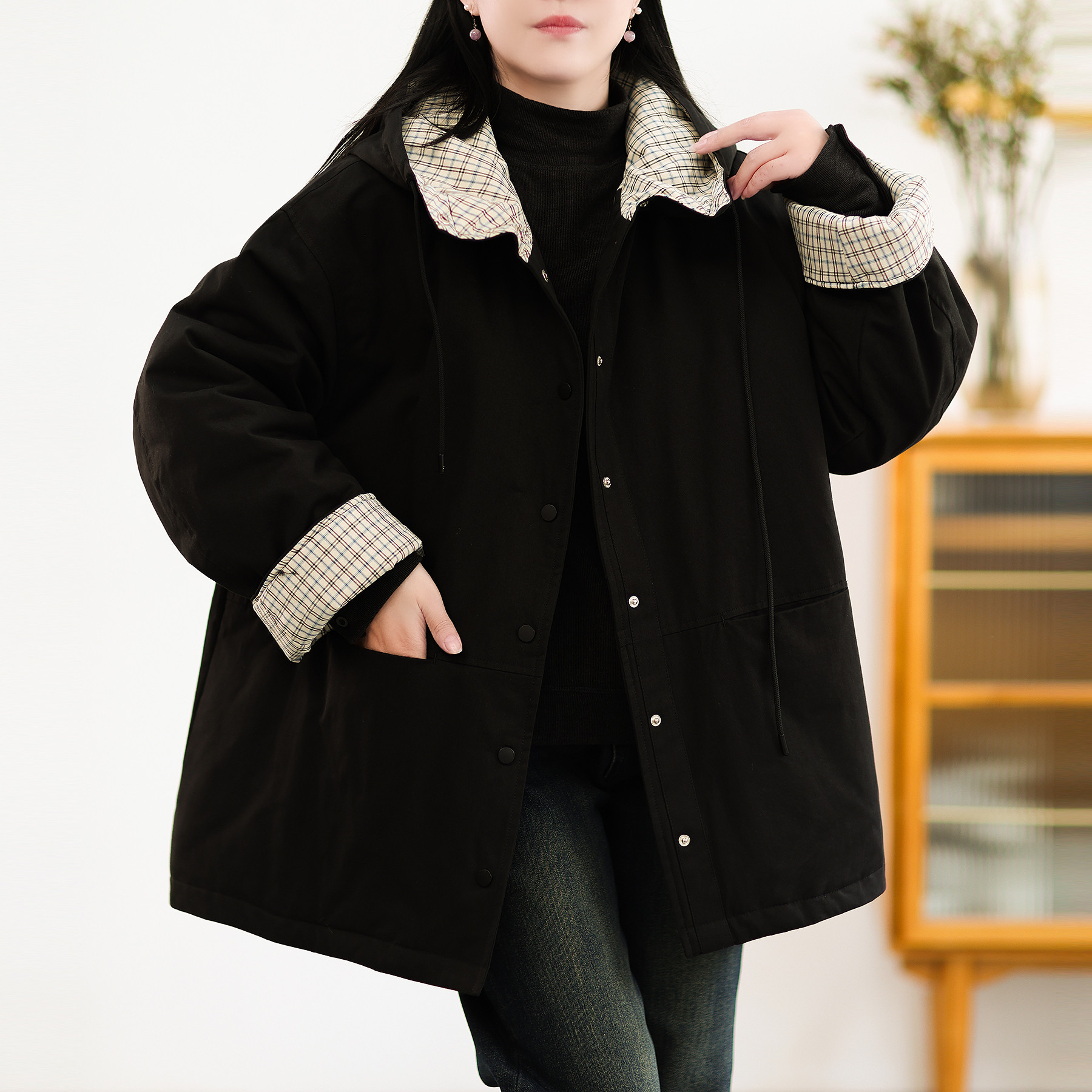 全棉连帽中长棉服日系廓形撞色