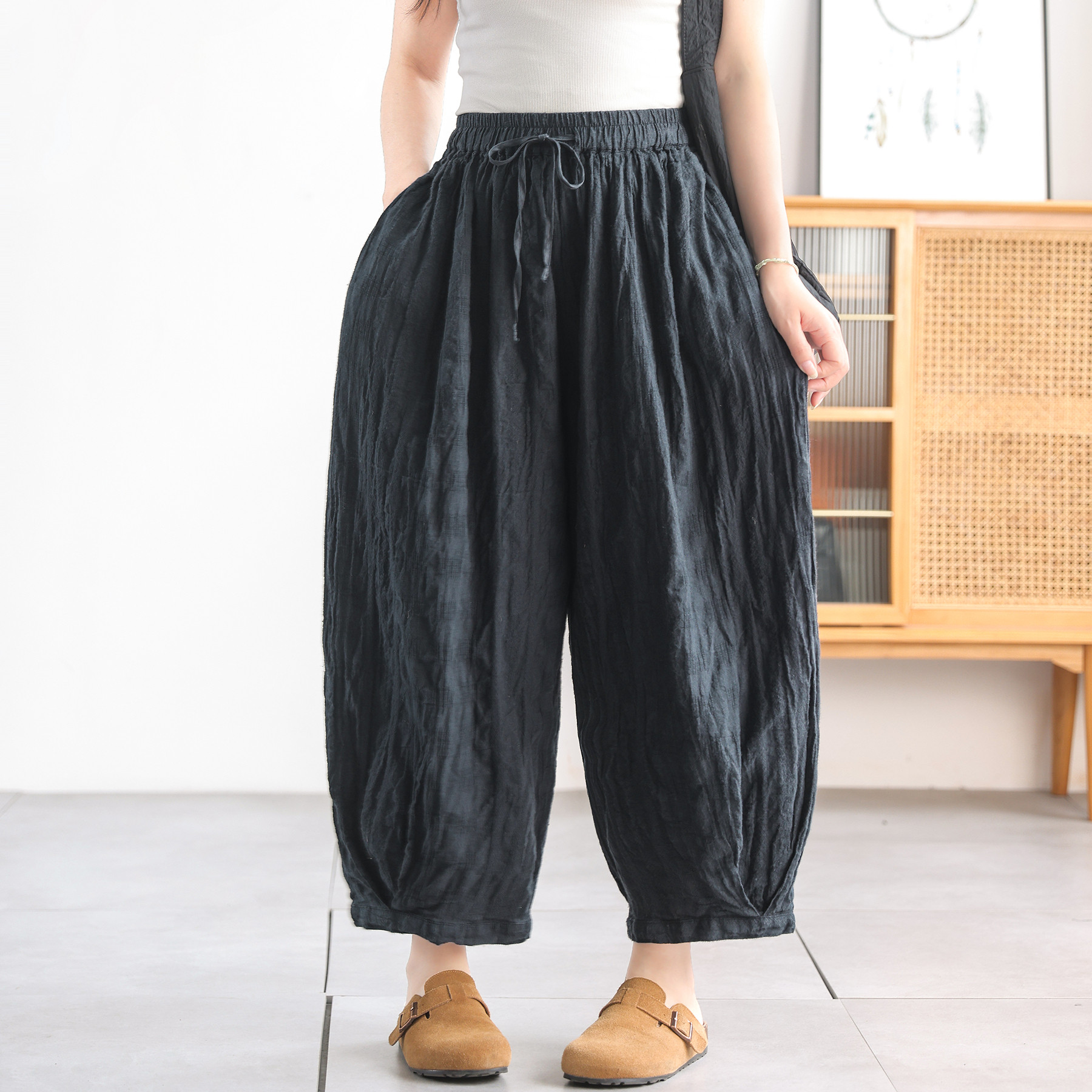 清仓特价肌理感棉麻哈伦裤~轻薄透气 两种交织纱线收褶显瘦休闲裤,女装/女士精品,休闲裤,淘宝优惠券,粉丝福利购,淘宝优惠卷