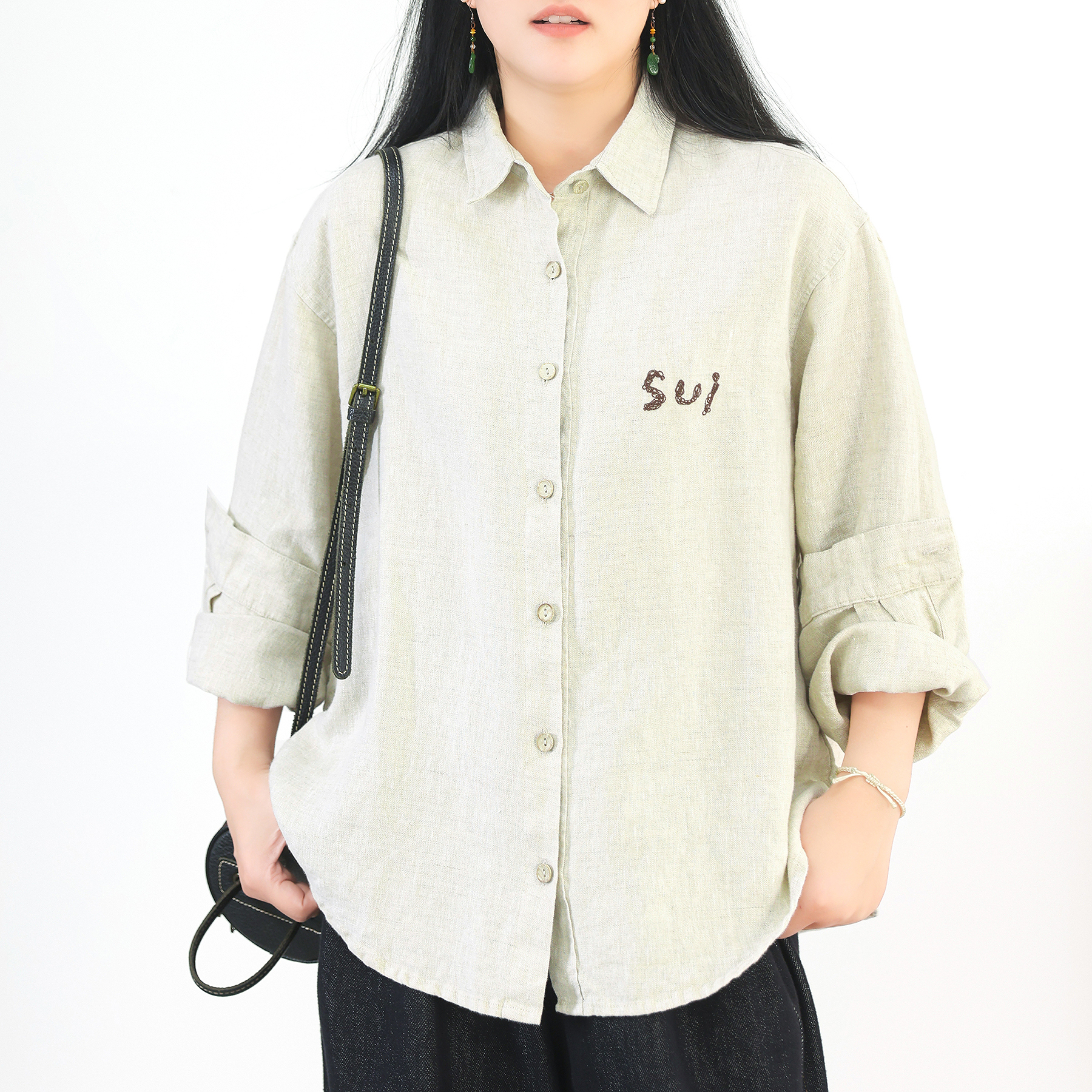 绿素棉刺绣亚麻打底衬衫大码秋季