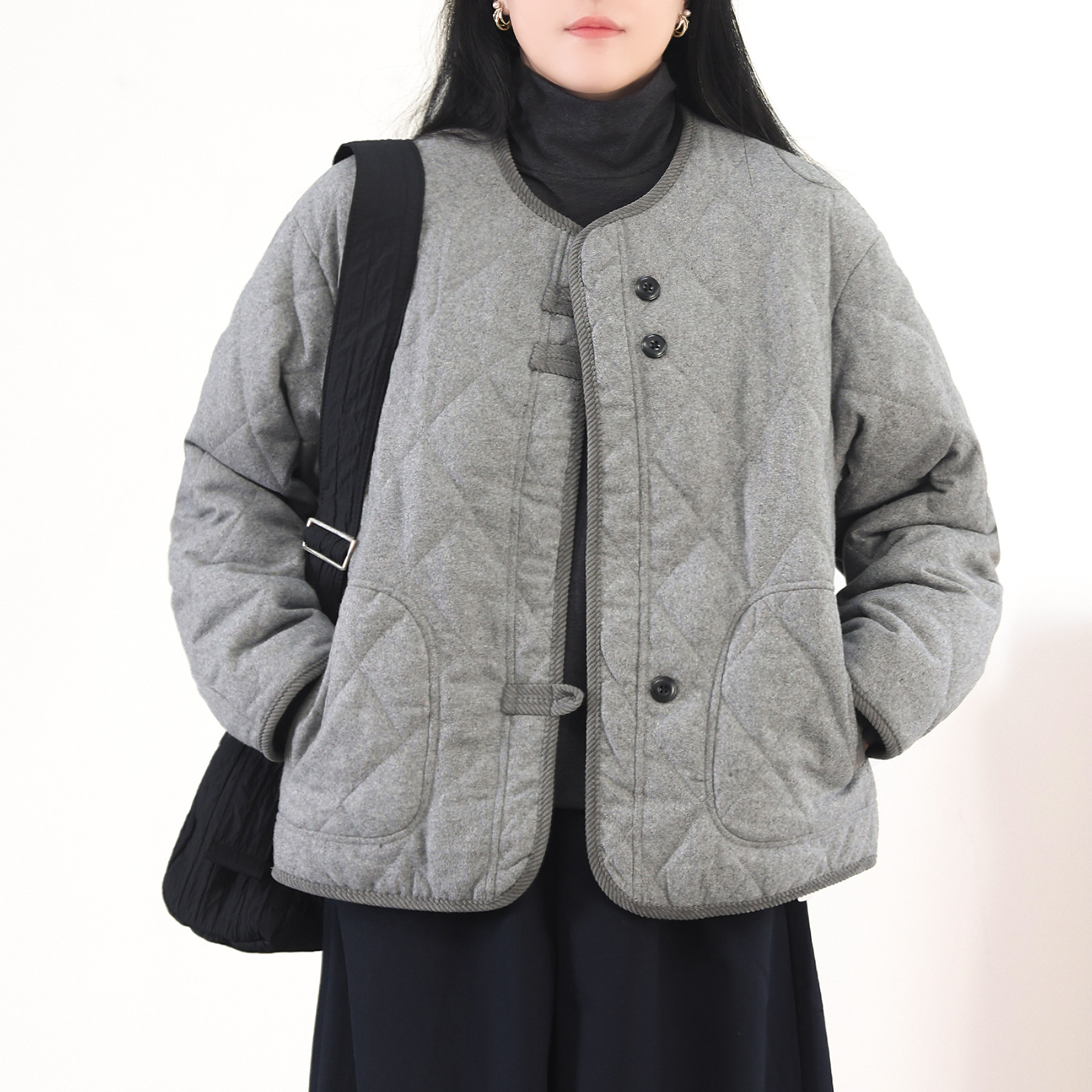 绿素棉 复古菱格夹棉棉衣女开冬装 宽松小短款外套呢料保暖小个子