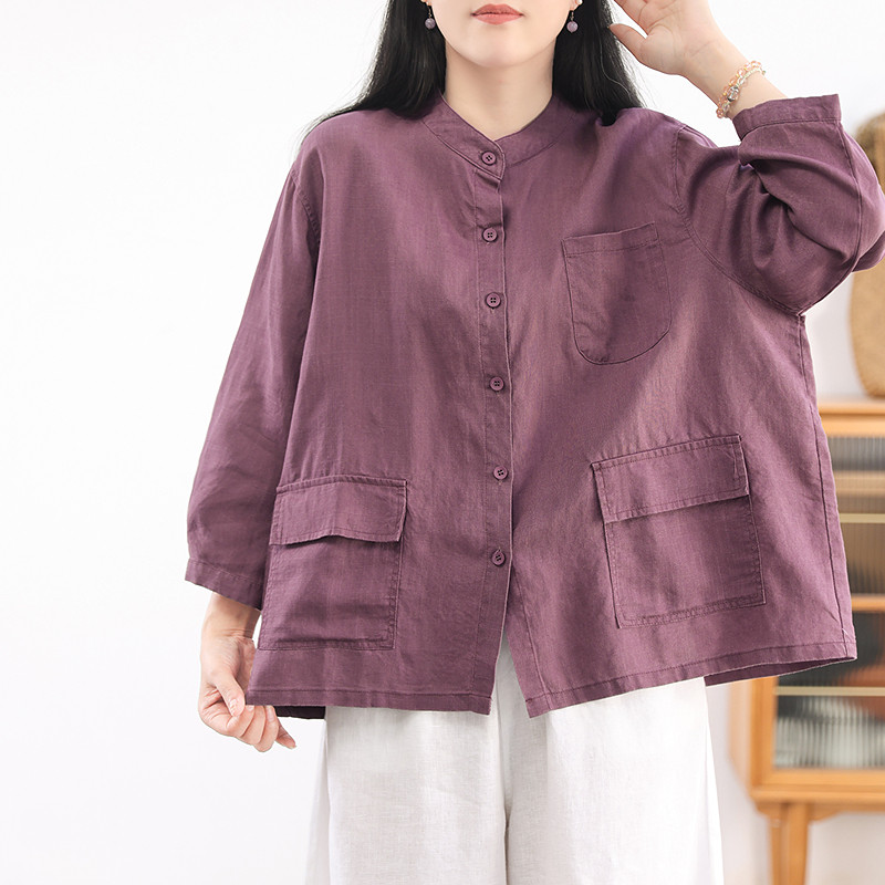 绿素棉 夏季新款亚麻短款外套~宽松大码减龄薄款中袖防晒衫衬衫女