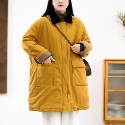 韩系纯棉撞色翻领夹棉工装棉衣女