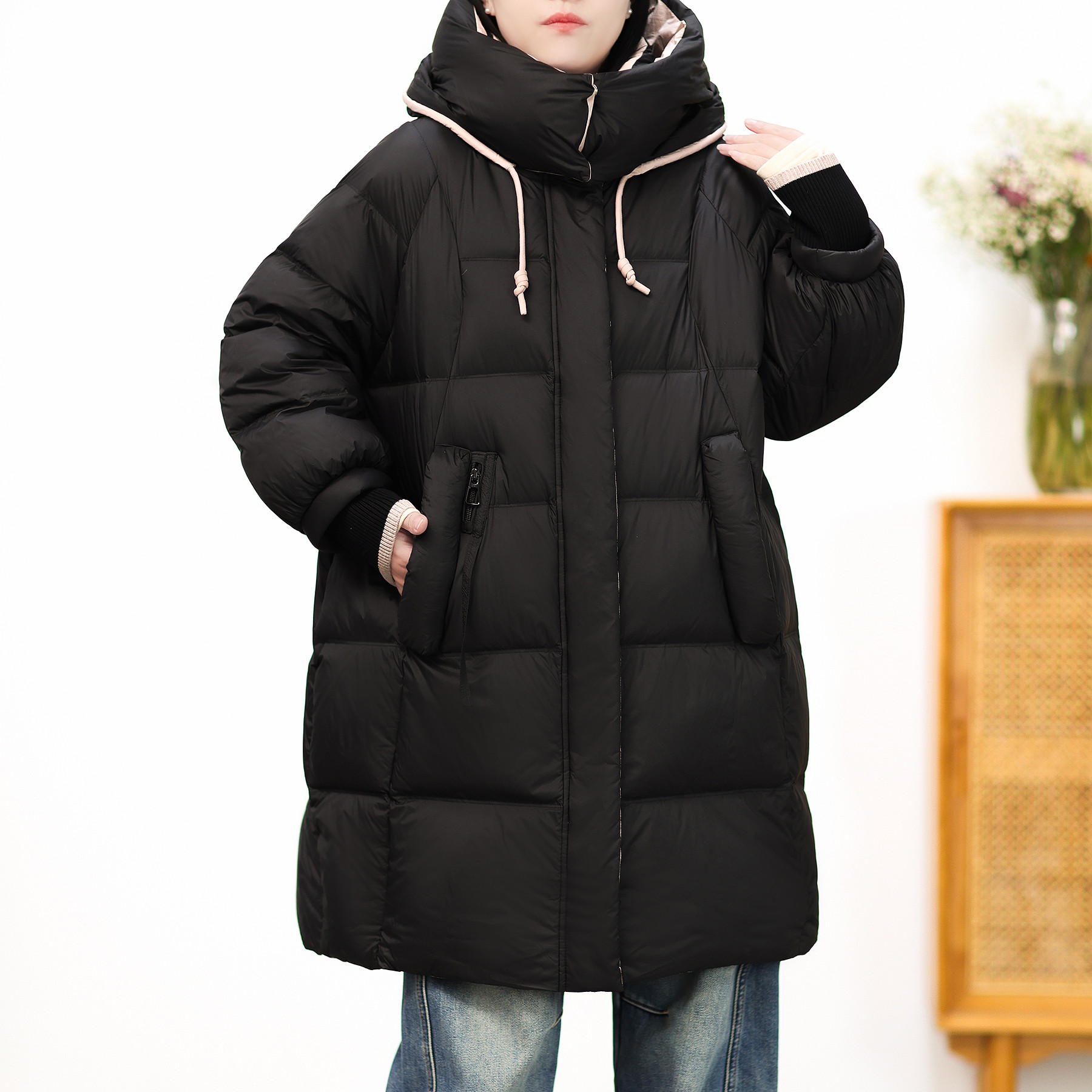 国标90白鸭绒围巾领中长羽绒服