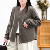 休闲百搭潮酷夹克春秋 机车风明线大版 绿素棉 棒球领PU皮衣外套女