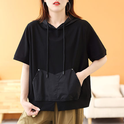 绿素棉 多色简约设计感连帽t恤女装 短袖文艺大码休闲上衣 夏新品