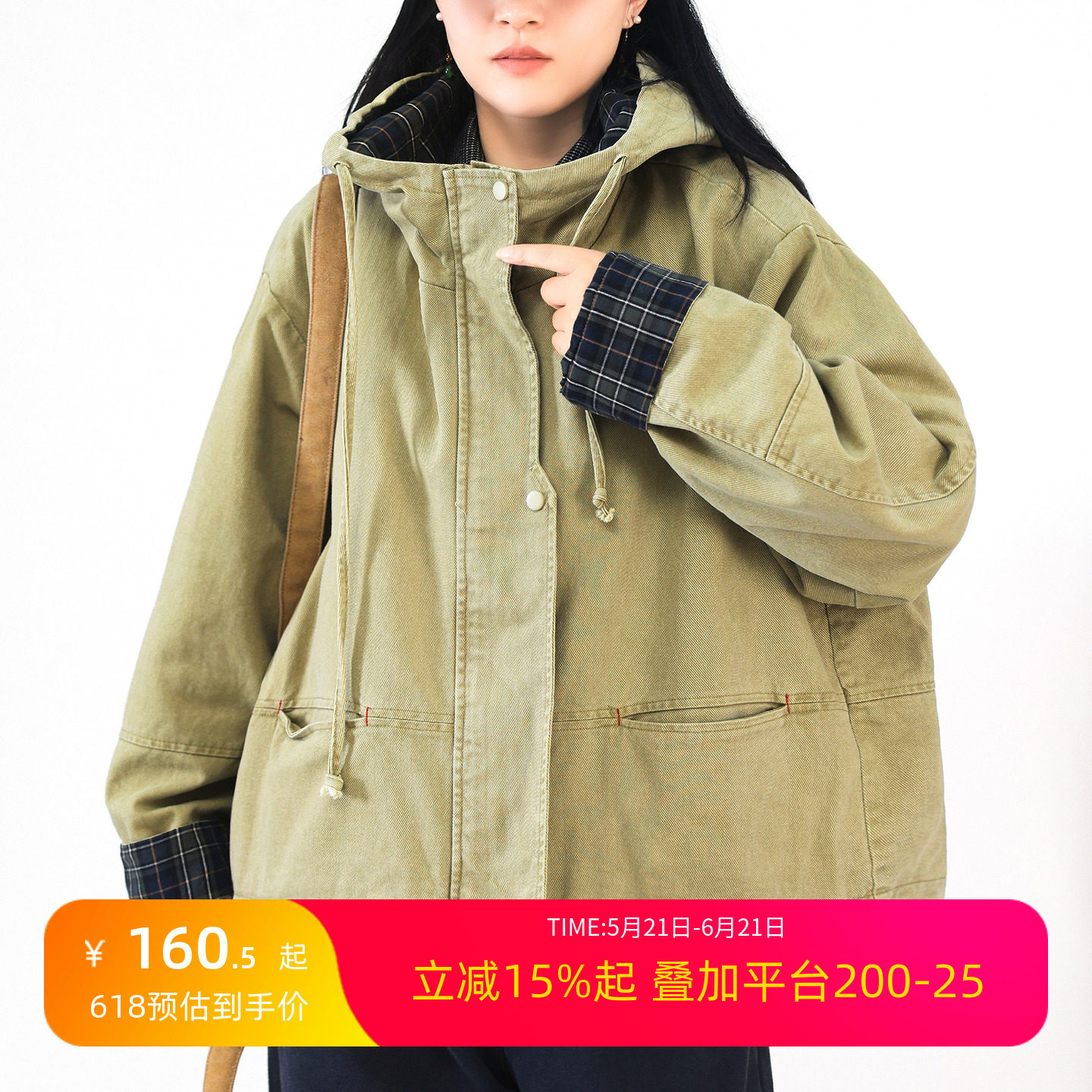 斜纹牛仔棉短款风衣女款2025秋季新品 重膀宽松大码连帽夹克外套