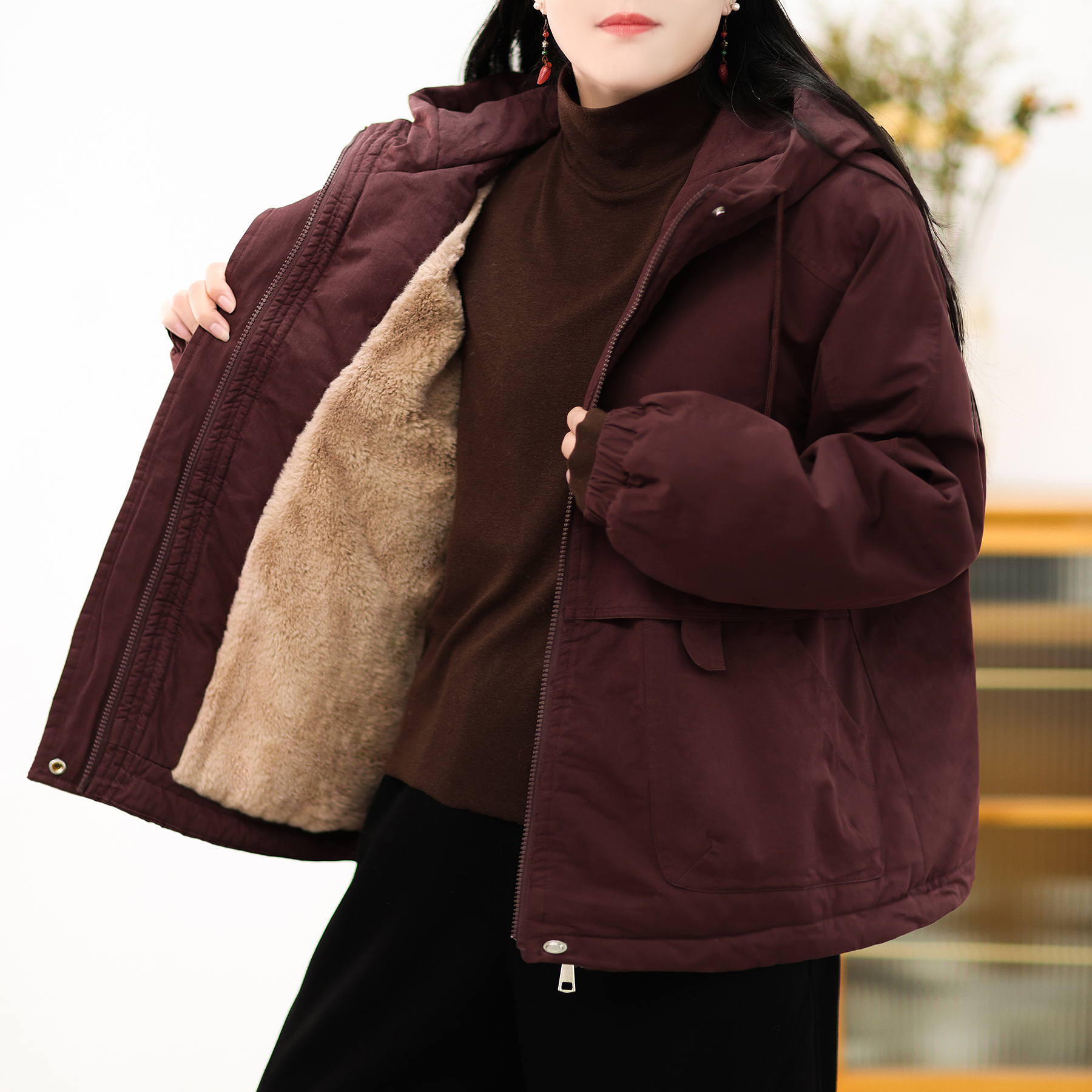 纯棉加厚连帽兔毛加绒小个子棉衣