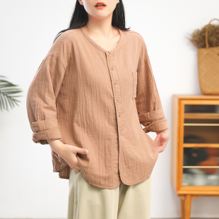 绿素棉 简约不简单2025春夏复古休闲上衣白色 天然棉麻圆领衬衣女
