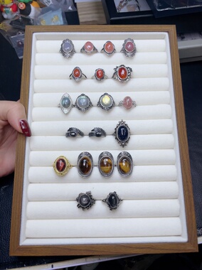 天然玛瑙月光石虎眼石戒指，复古铜托，开口圈。