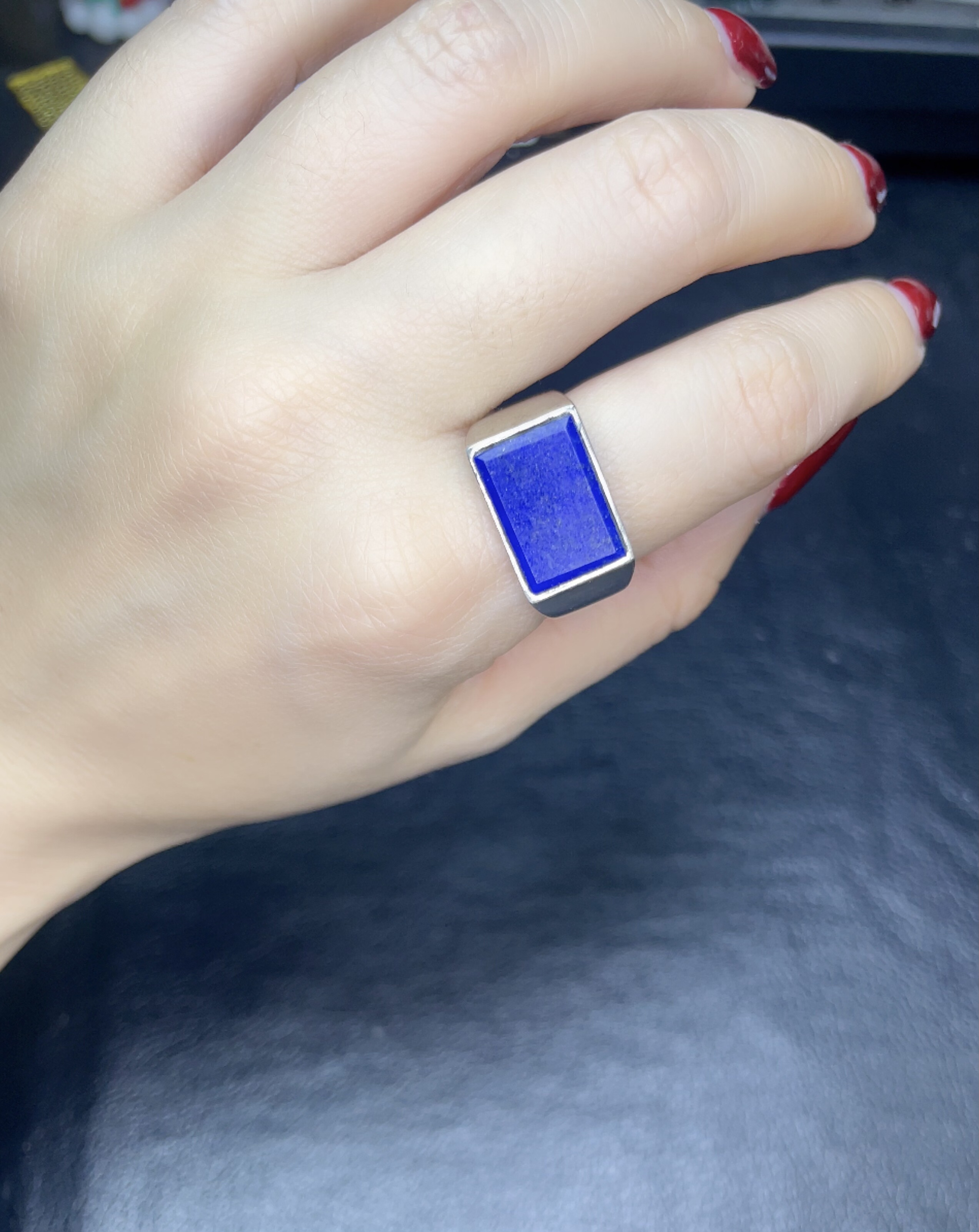 纯银青金石方戒一枚，男女款，开口圈，s925银镶嵌，复古百搭