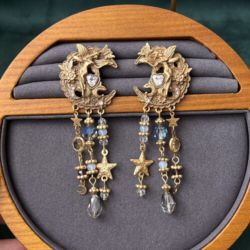 中古素金KF重工流苏月亮耳环