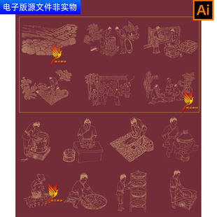 传统制茶工艺流程图步骤图茶叶包装底纹矢量图茶叶店装饰画ai素材