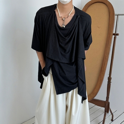 纯色垂感荡领拼接不规则针织衬衫