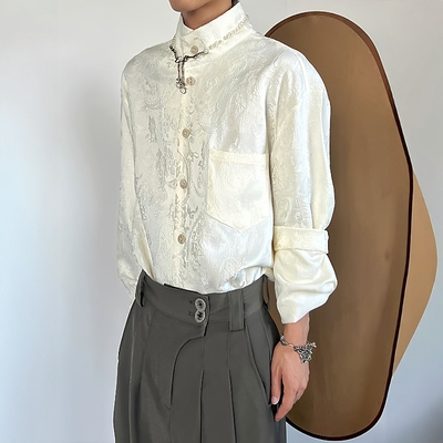 PCGO山本风立领提花刺绣长袖衬衫