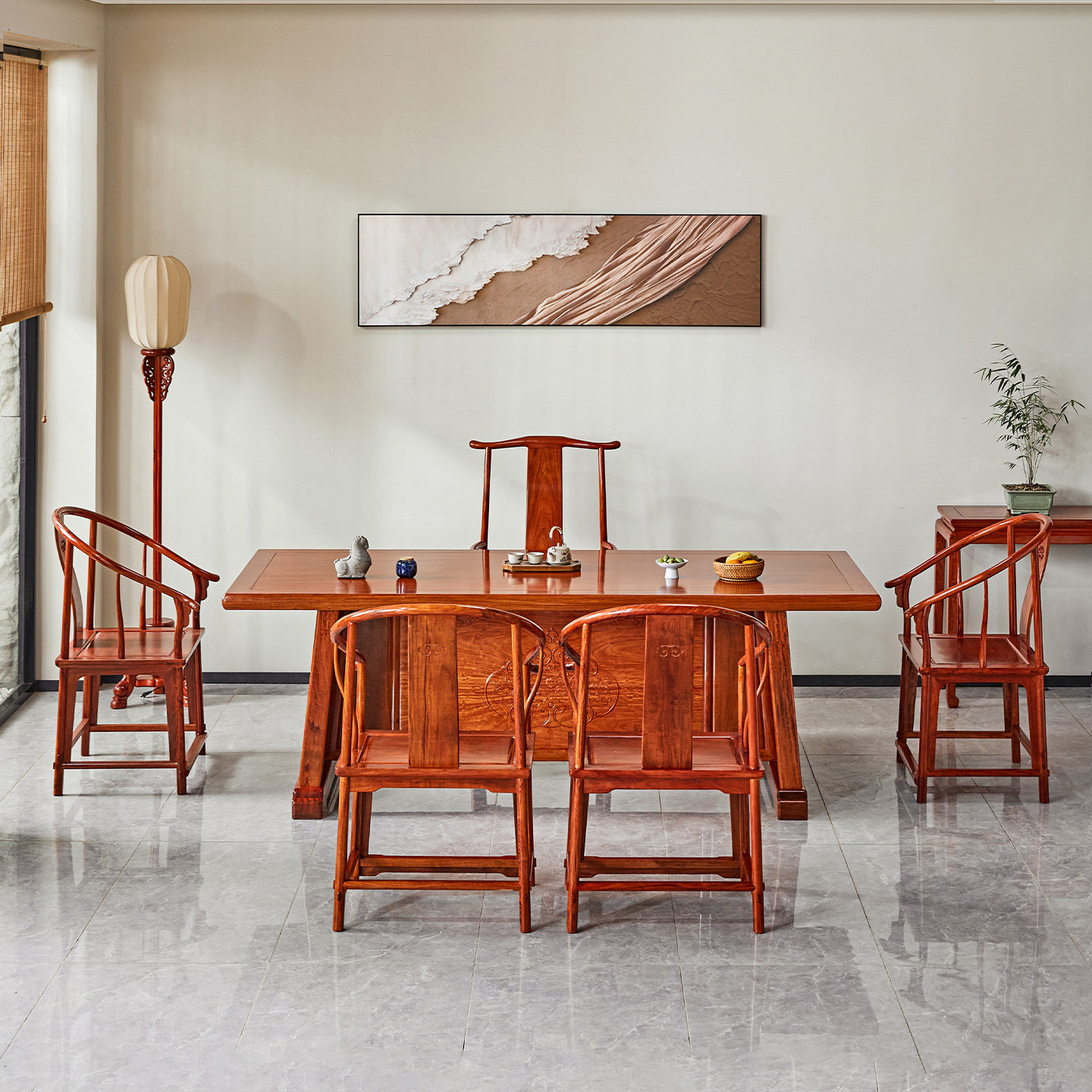 缅甸花梨木茶桌椅组合全实木大果紫檀家用中式红木办公桌干泡茶台