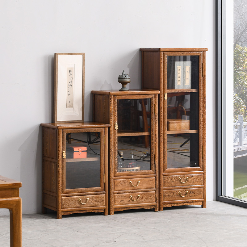 鸡翅木小酒柜新中式客厅红木储物边柜全实木玻璃矮柜带灯光展示柜