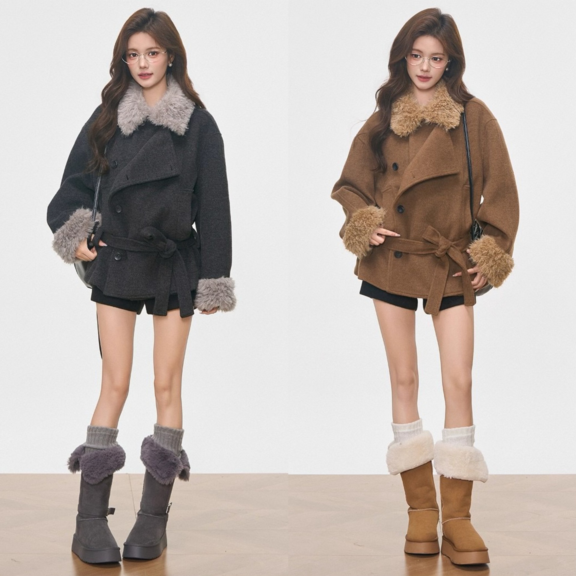 现货新品 WESTAYONE毛领加厚毛呢大衣外套女士小个子高级