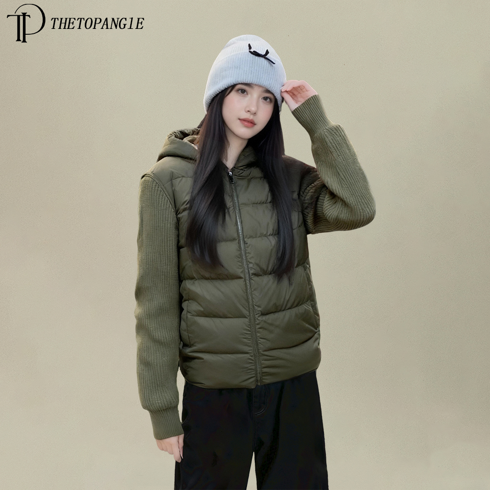 绿色连帽针织拼接排骨棉服外套女2025冬季新款设计感轻薄棉衣棉袄