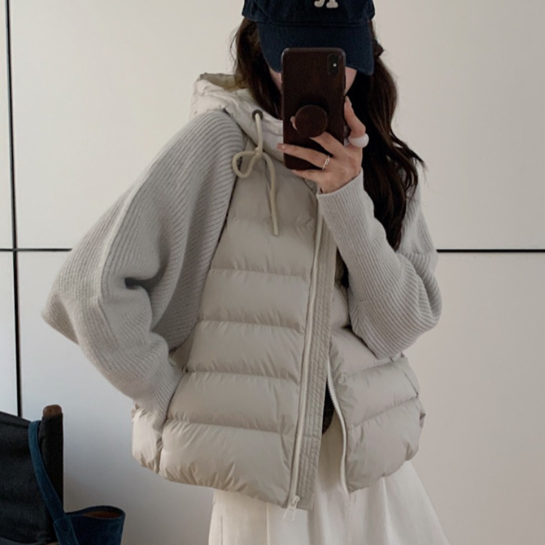 棉服女2025冬季新款韩版轻薄拼接羽绒假两件外套针织毛衣短款上衣