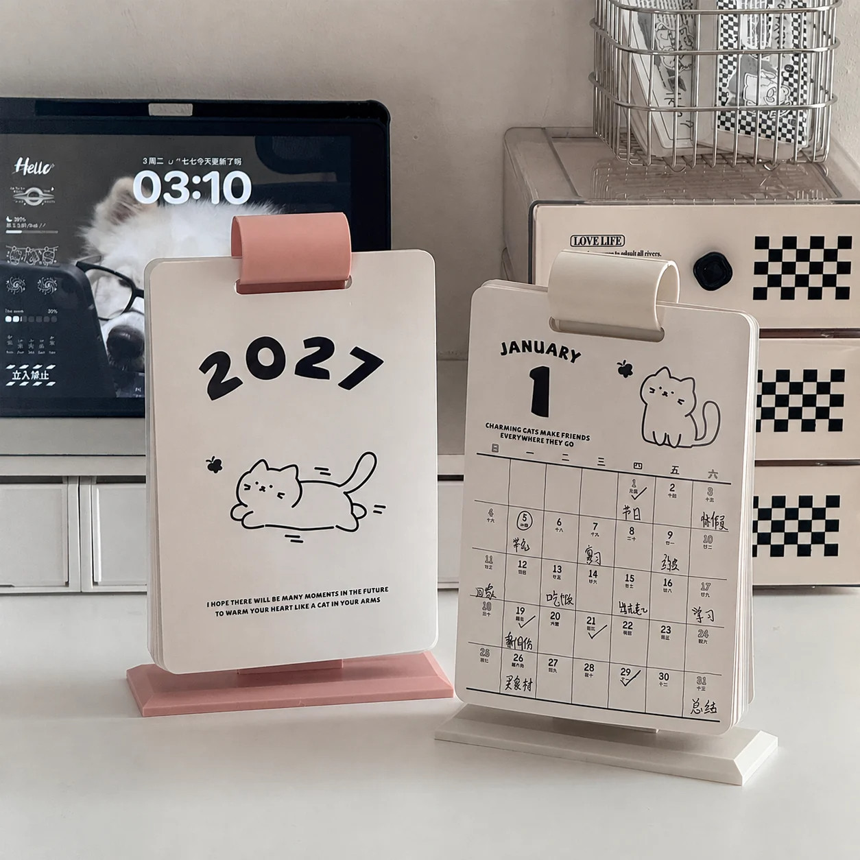 可爱猫咪~台历2026年到2027年新款日历高颜值办公室桌面月历打卡高颜值解压日程计划表朋友情侣生日伴手礼物图片