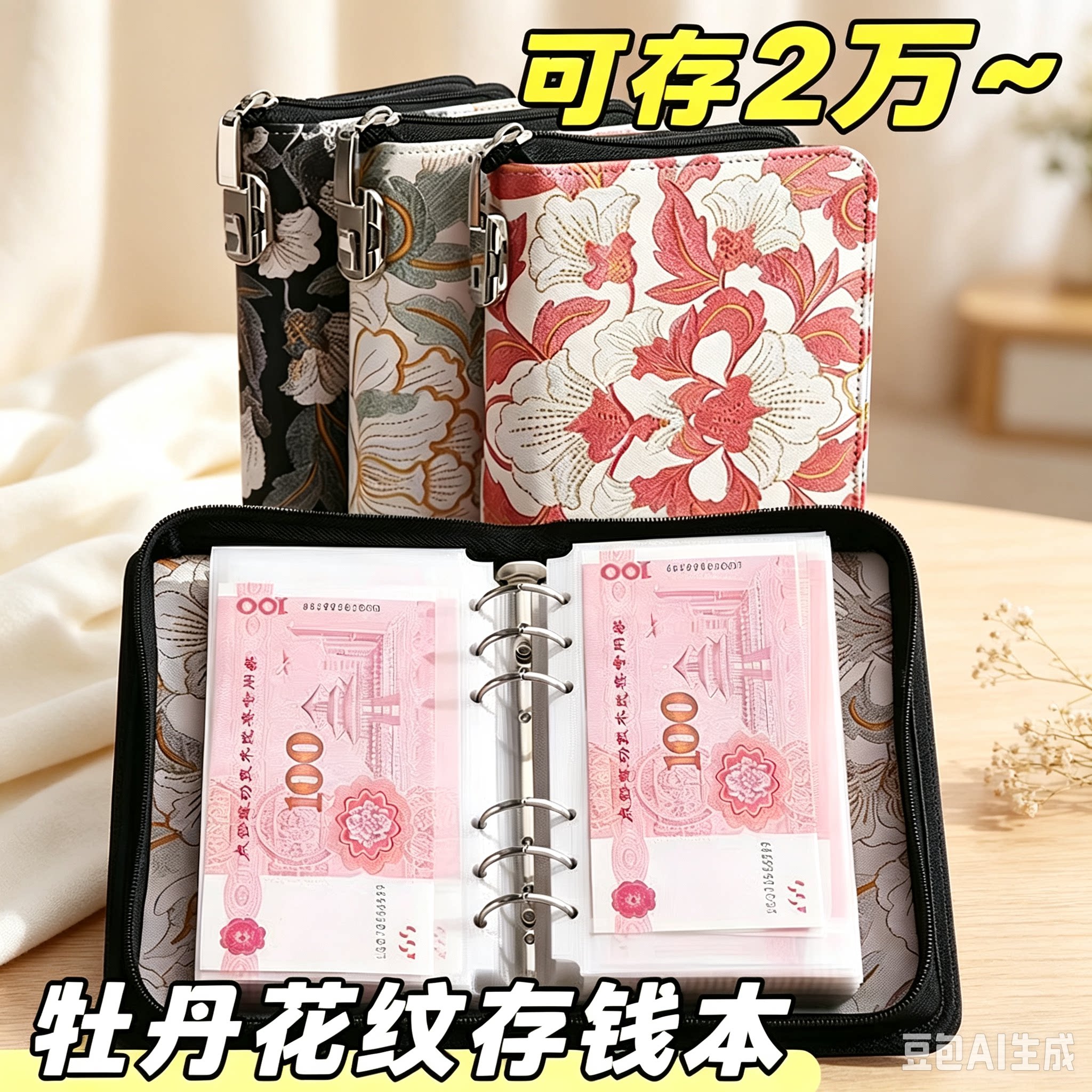 刺绣牡丹密码锁拉链现金存钱本2026新款活页款收纳册可存2万大容量双层皮面存钱夹钱册攒钱纸币钱币百元钞票