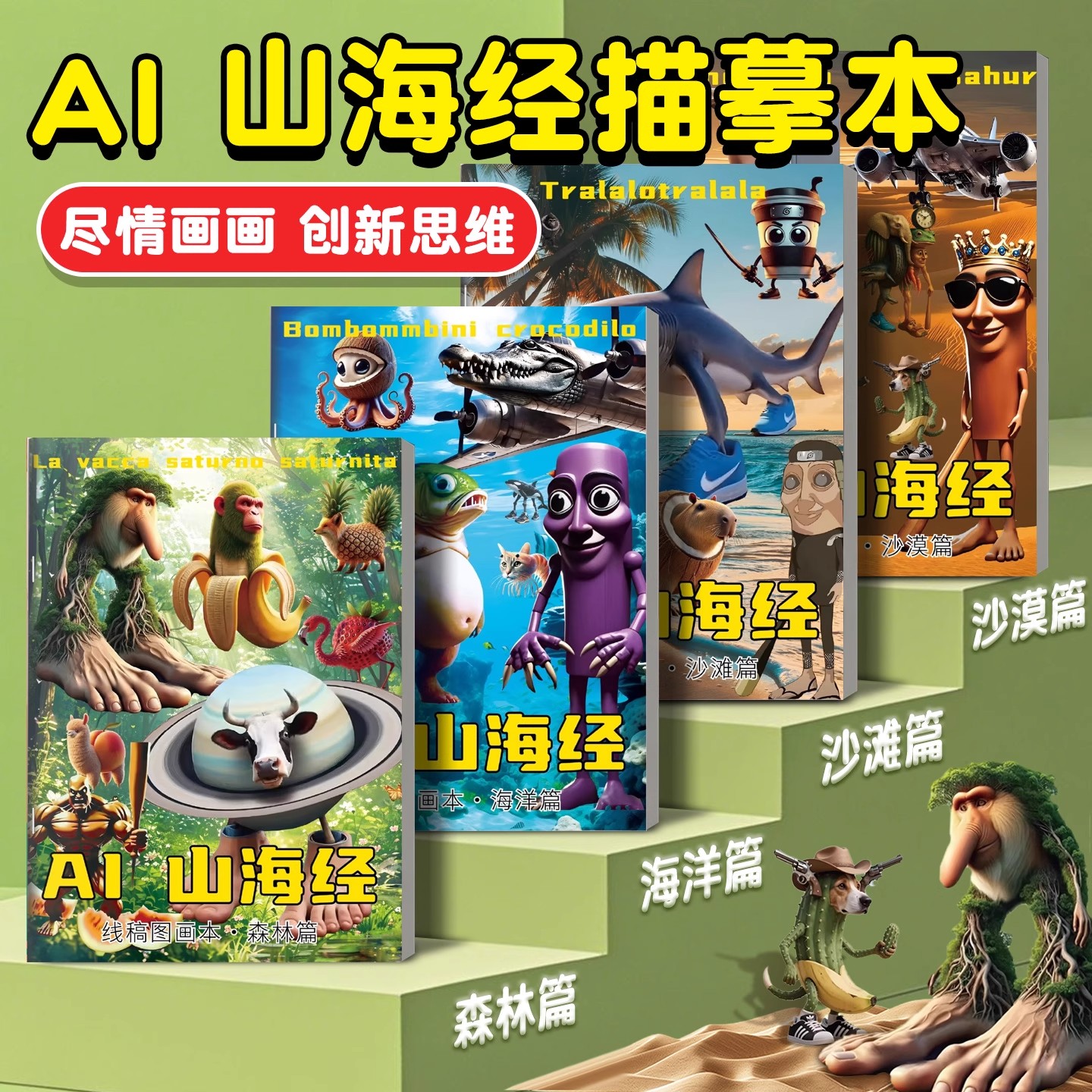 国外山海经描摹本木棍人篇线稿显色涂儿童益智画画本搞笑AI山海经爆款创意抽象动物元素无止境趣味涂摹本绘画