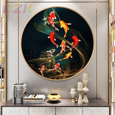 新中式九鱼图入户玄关圆形装饰画现代轻奢客厅餐厅沙发背景墙挂z1