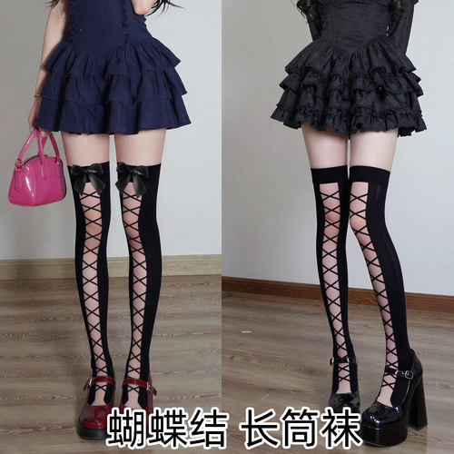 辣妹纯欲风女高筒袜子黑丝绑带