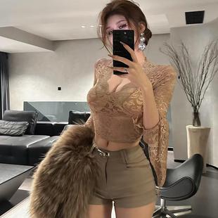 收腰早春气质女喇叭袖 秋冬御姐V领蕾丝修身 微透感内搭打底T恤上衣
