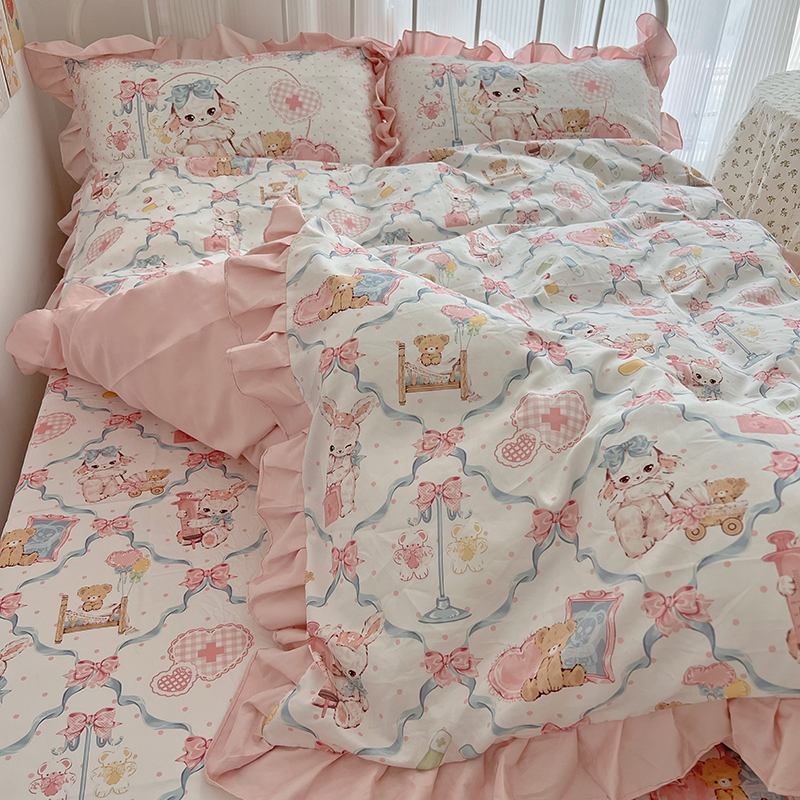 南丁格尔兔原创床上用品四件套全棉60s贡缎印花被套花边微甜集市