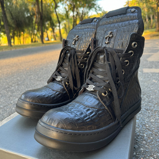RO FABLED 潮鞋倒三角男鞋真皮黑色鳄鱼纹高帮鞋系带透气 伊文高