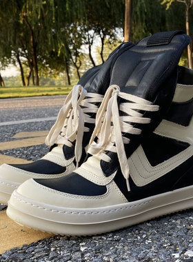 RO FABLED大钩子倒三角高帮鞋黑白男鞋真皮大码厚底欧美潮短靴女