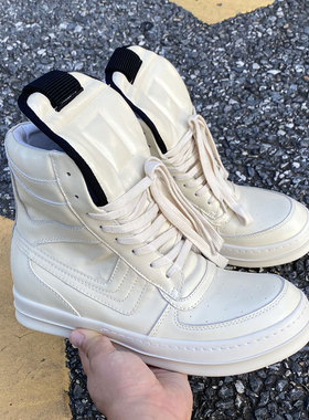 欧美潮鞋RO FABLED 倒三角大钩子米白色真皮高帮鞋男鞋工装鞋板鞋