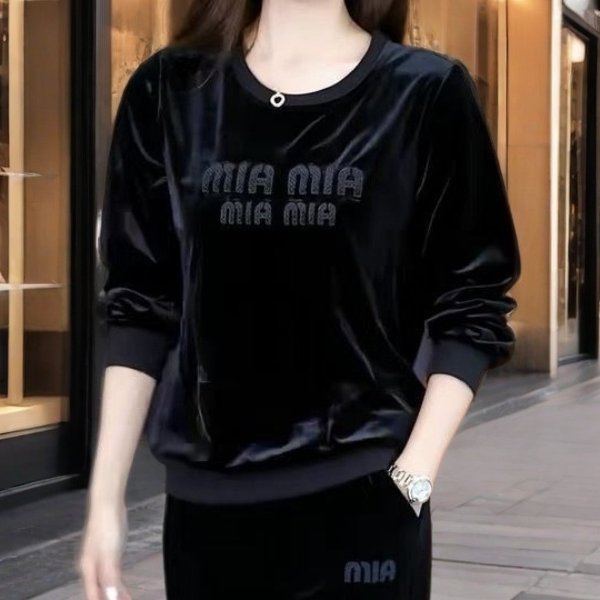 春秋季新款时尚洋气宽松两件套圆领套头显瘦运动休闲金丝绒套装女