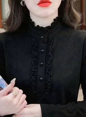 黑色半高领荷叶边纽扣打底衫女长袖显瘦百搭蕾丝衫德绒保暖打底衫