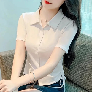 女士小众掐腰时尚 2025夏季 衬衫 气质显瘦翻领抽绳短袖 减龄上衣 新款