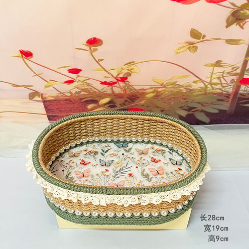 麻绳手工编织椭圆花边收纳筐