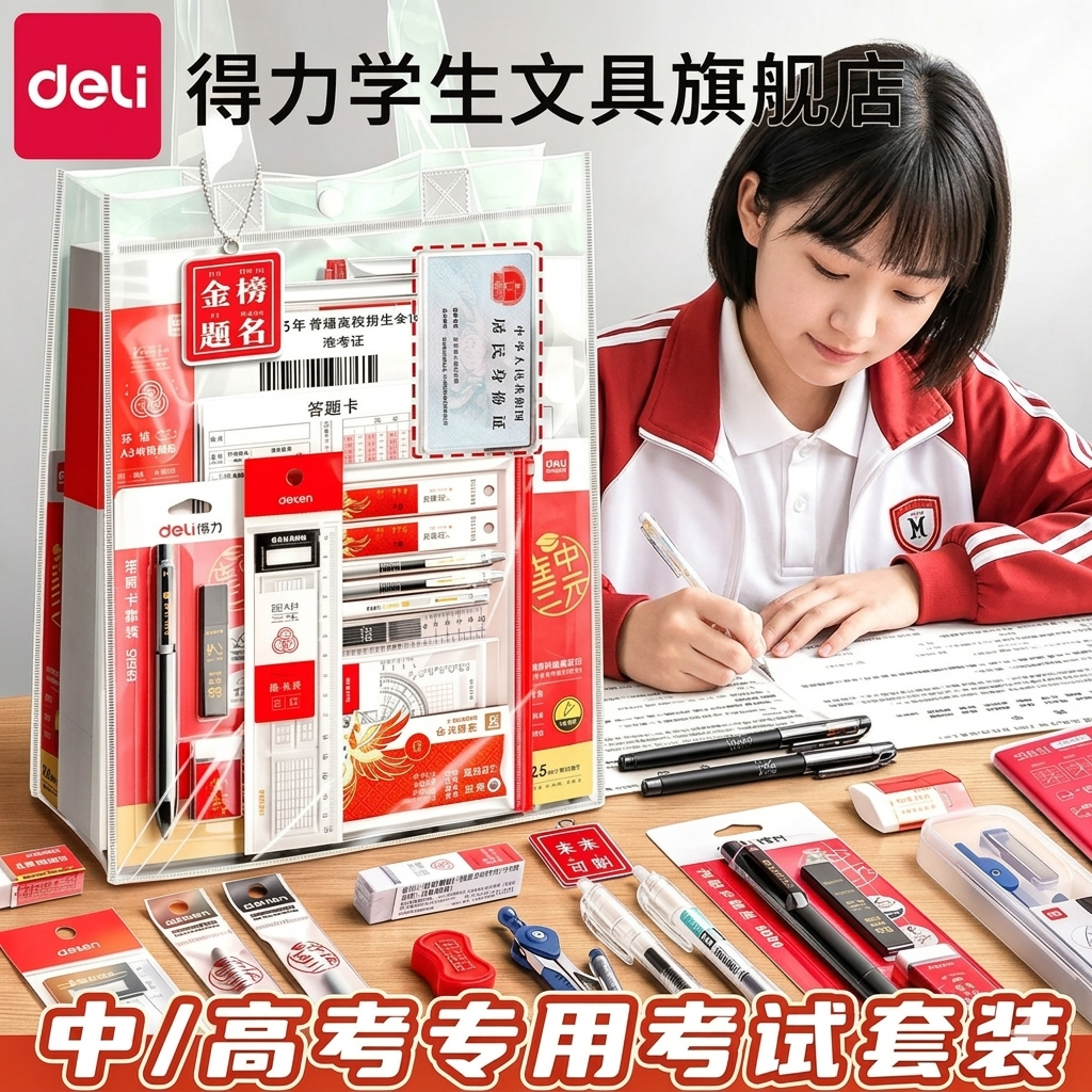 得力2026中考高考专用透明文具套装考试必备手提文件袋可带入考场礼包公务员金榜题名小学生答题卡涂卡2B铅笔