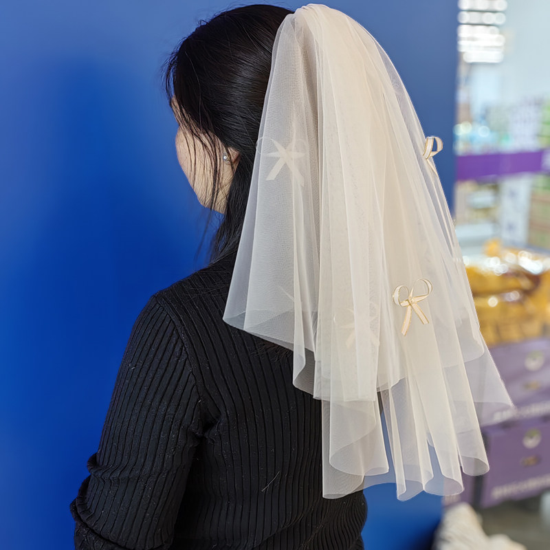 领证登记小头纱新娘主婚纱求婚用蝴蝶结法式香槟色简约短款头饰女