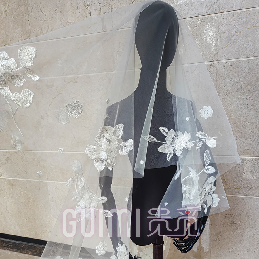 高级感手工蕾丝头纱新娘婚纱摄影拍照道具白色薄透头饰造型主婚纱